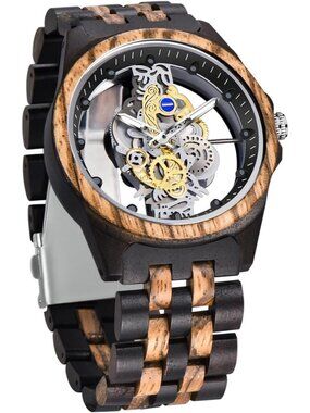 Mens Black Brown Skeleton Buckle Analog Quartz Classic Sports Round Wooden Watch